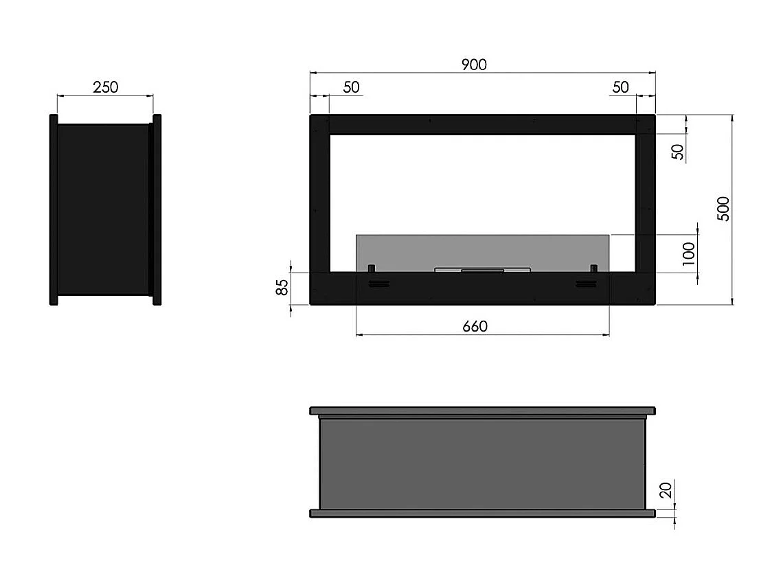 Cheminée Bioéthanol murale design encastrable Double face noir mat avec verre de protection 2 Face 900