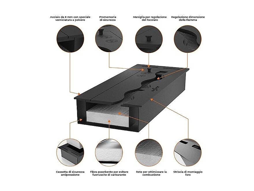 Bruciatore Inserto a Bioetanolo 150cm in Inox nero da incasso da 6 lt