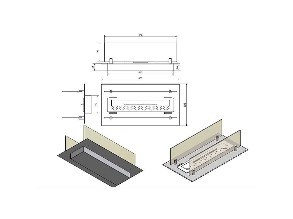Inserção/suporte para queimador de bioetanol 60cm em aço inoxidável com vidros incluídos