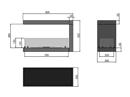 Caminetto a Bioetanolo Da Incasso di Design U800 con Vetro Aperto su 3 Lati Bruciatore da 0,7 Litri