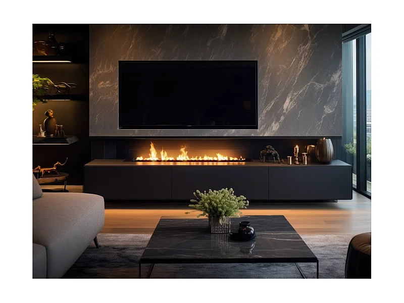 Brûleur insert bioéthanol 200cm en inox noir, à encastrer ou à poser, 6 litres avec verres inclus