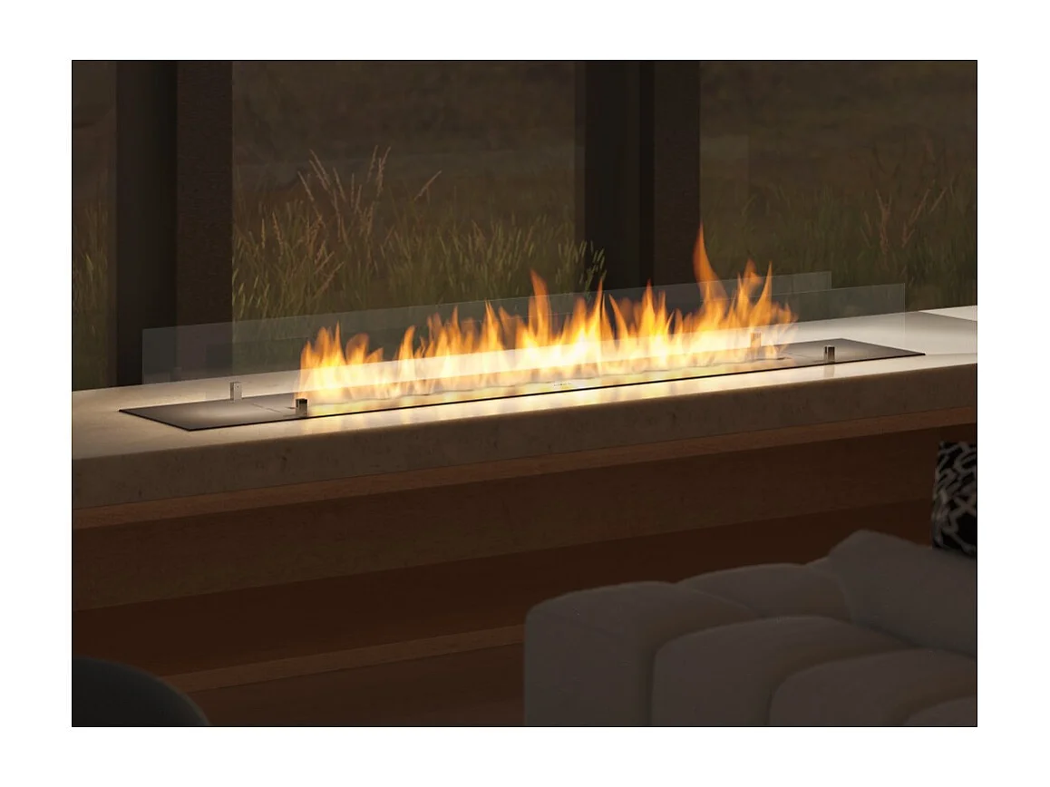 Brûleur insert bioéthanol 200cm en inox noir, à encastrer ou à poser, 6 litres avec verres inclus