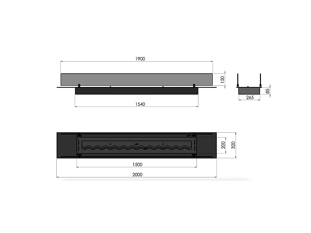Brûleur insert bioéthanol 200cm en inox noir, à encastrer ou à poser, 6 litres avec verres inclus
