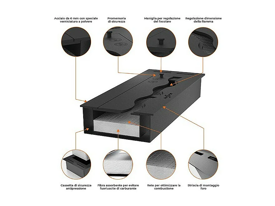 Brûleur insert bioéthanol 120cm en acier inoxydable noir 5 lt