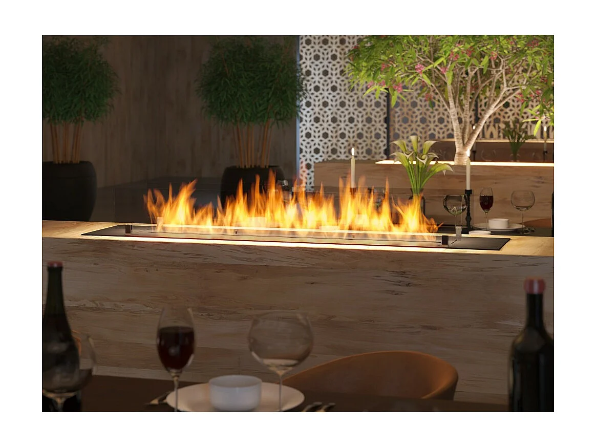 Brûleur insert bioéthanol 150cm en inox noir, à encastrer ou à poser, 5 litres avec verres inclus