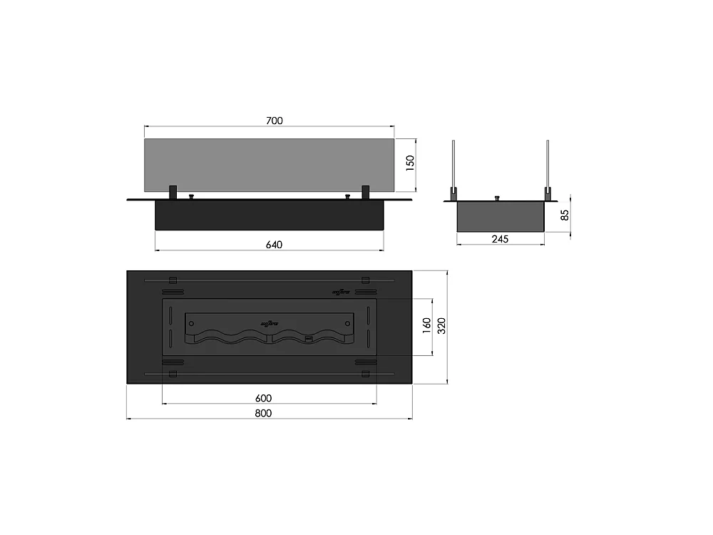 Brûleur insert bioéthanol 80cm en inox noir, à encastrer ou à poser, 1,2 litre avec verres inclus