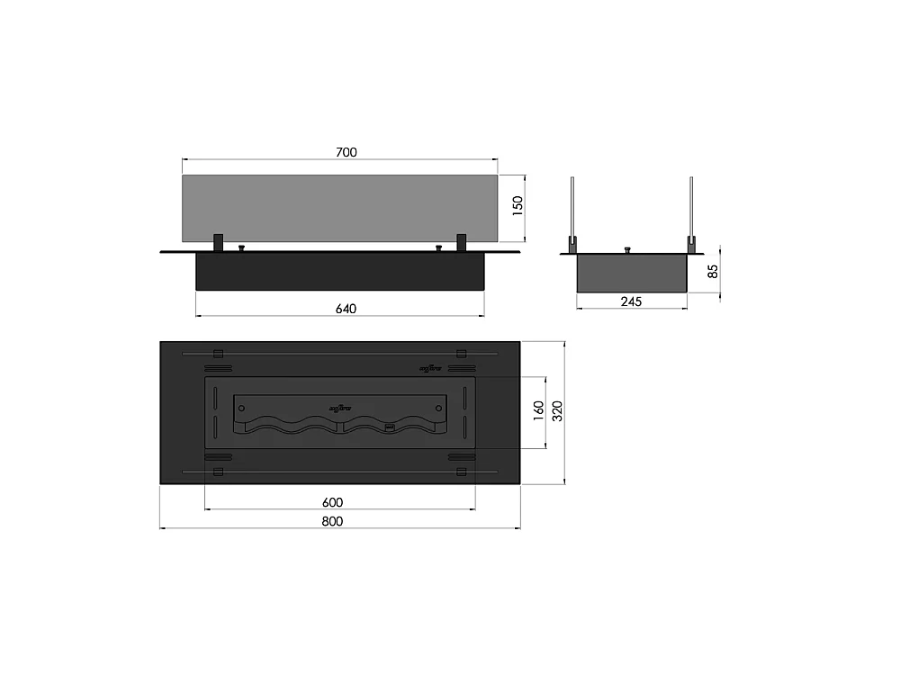 Bruciatore Inserto a Bioetanolo 80cm in Inox nero da incasso o appoggio da 1,2 lt con vetri inclusi