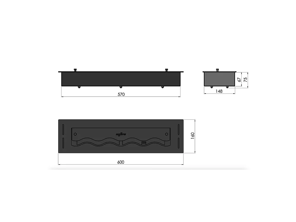 Brûleur à bioéthanol intégré en acier inoxydable noir, 1,2 Lt, 60 cm