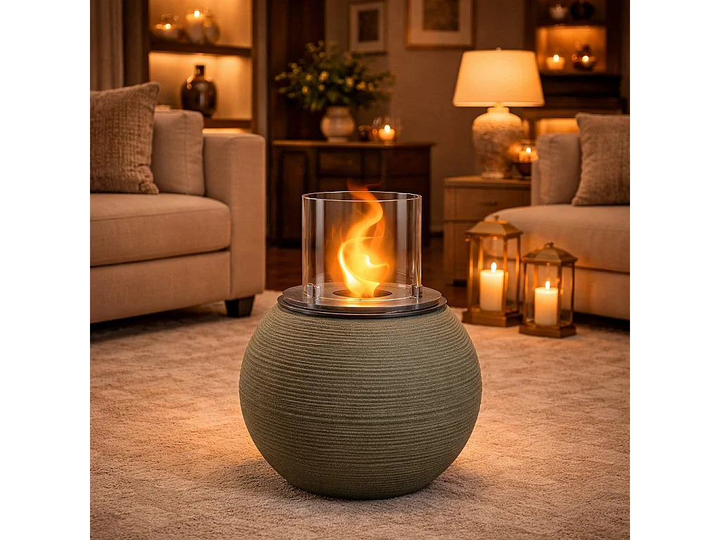 Brasero de jardin cheminée au bioéthanol pour intérieur et extérieur BOTTICELLI Vert Sauge d.40xh54