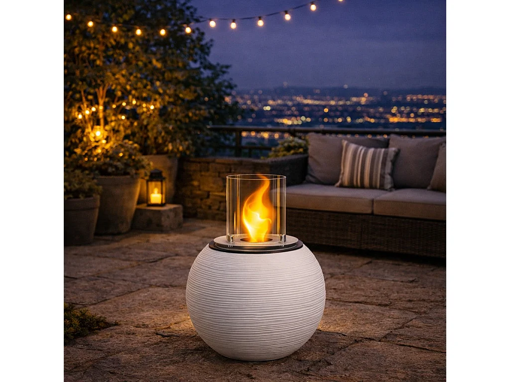 Brasero de jardin cheminée au bioéthanol pour intérieur et extérieur BOTTICELLI Blanc Perle d.40xh54