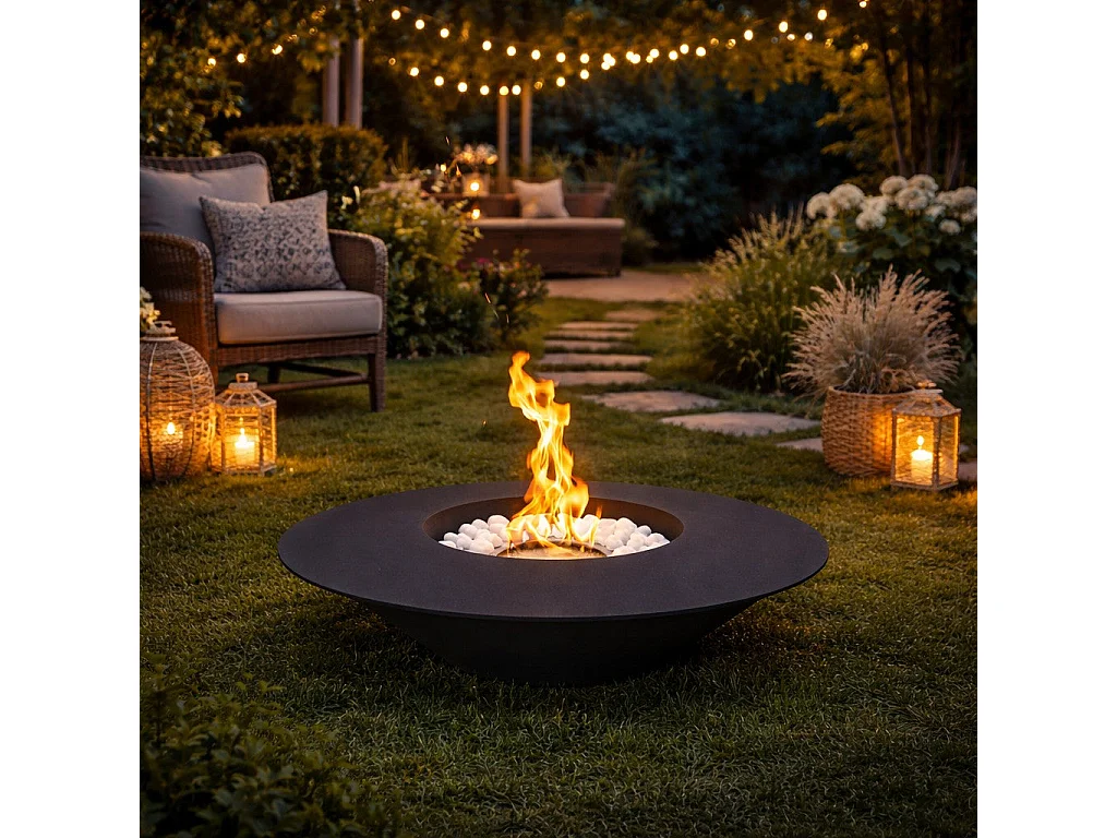 Cheminée au bioéthanol brasero de jardin rond pour extérieur SANTORINI Noir d.60