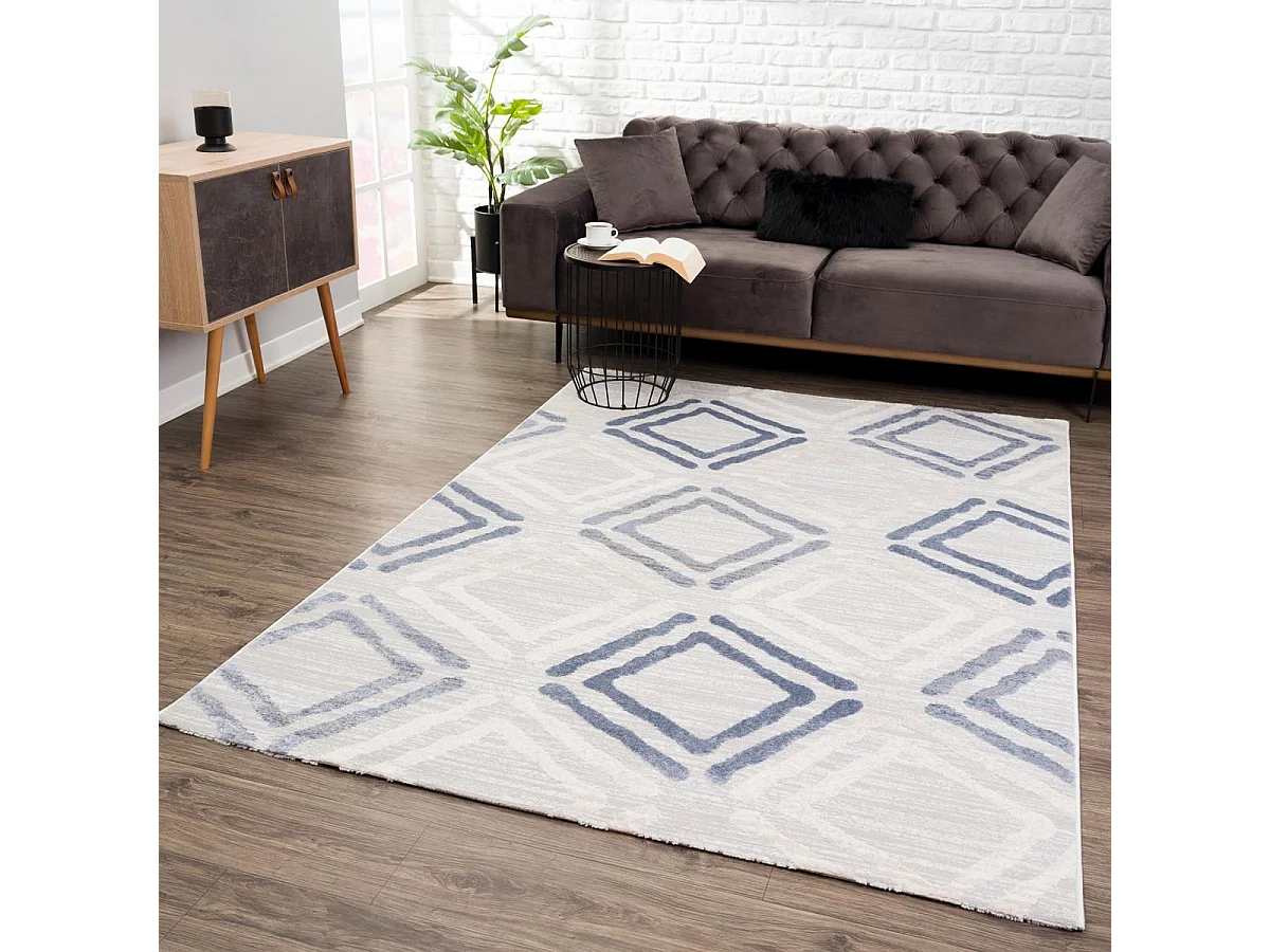 tapis chambre 120x160 tissé gris clair et bleu rectangle motif géométrique DOUCA