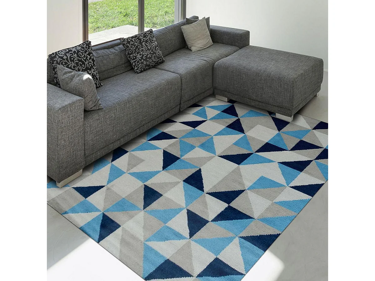 tapis salle à manger 240x340 fait main en laine bleu et crème
