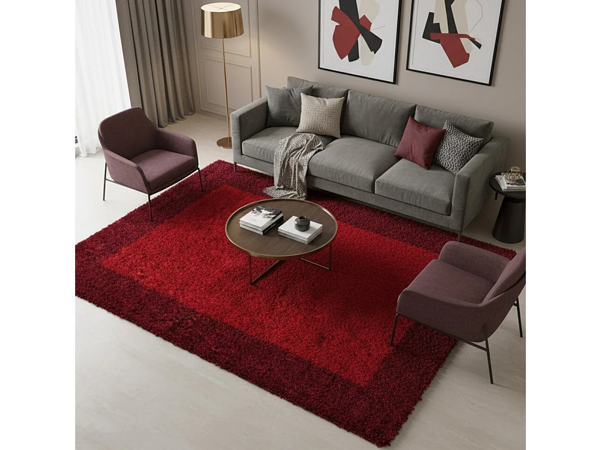 Tapis poils longs shaggy 60x110 rectangle tissé rouge clair et rouge foncé