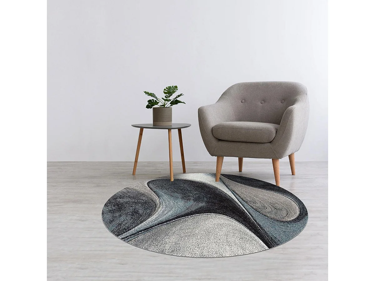 tapis salon Ø200cm tissé bleu et gris rond motif géométrique LYN8 MADILA