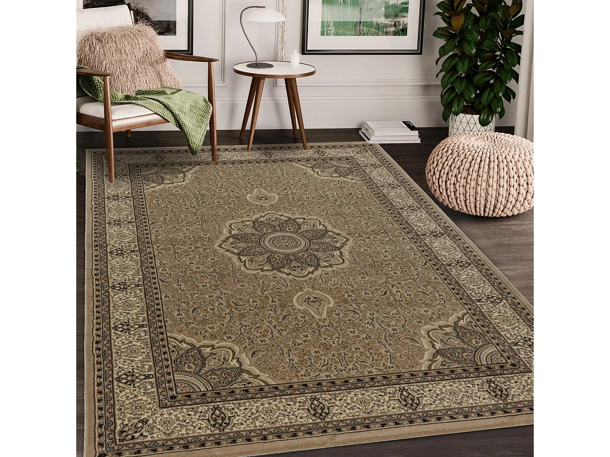 Tapis orient 240x340 rectangle beige et noir tissé motif traditionnel TIBRICA