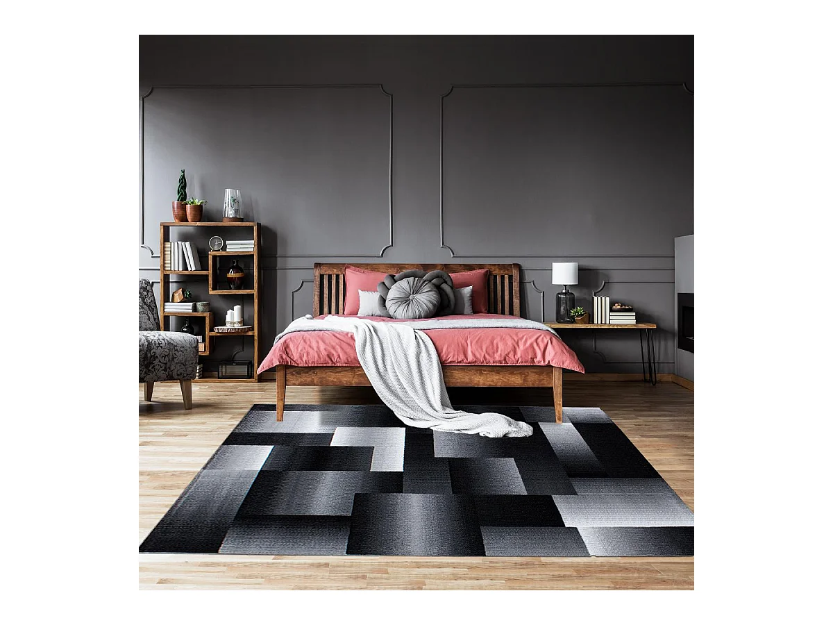tapis salon 200x290 tissé noir et gris rectangle motif géométrique FLORINA