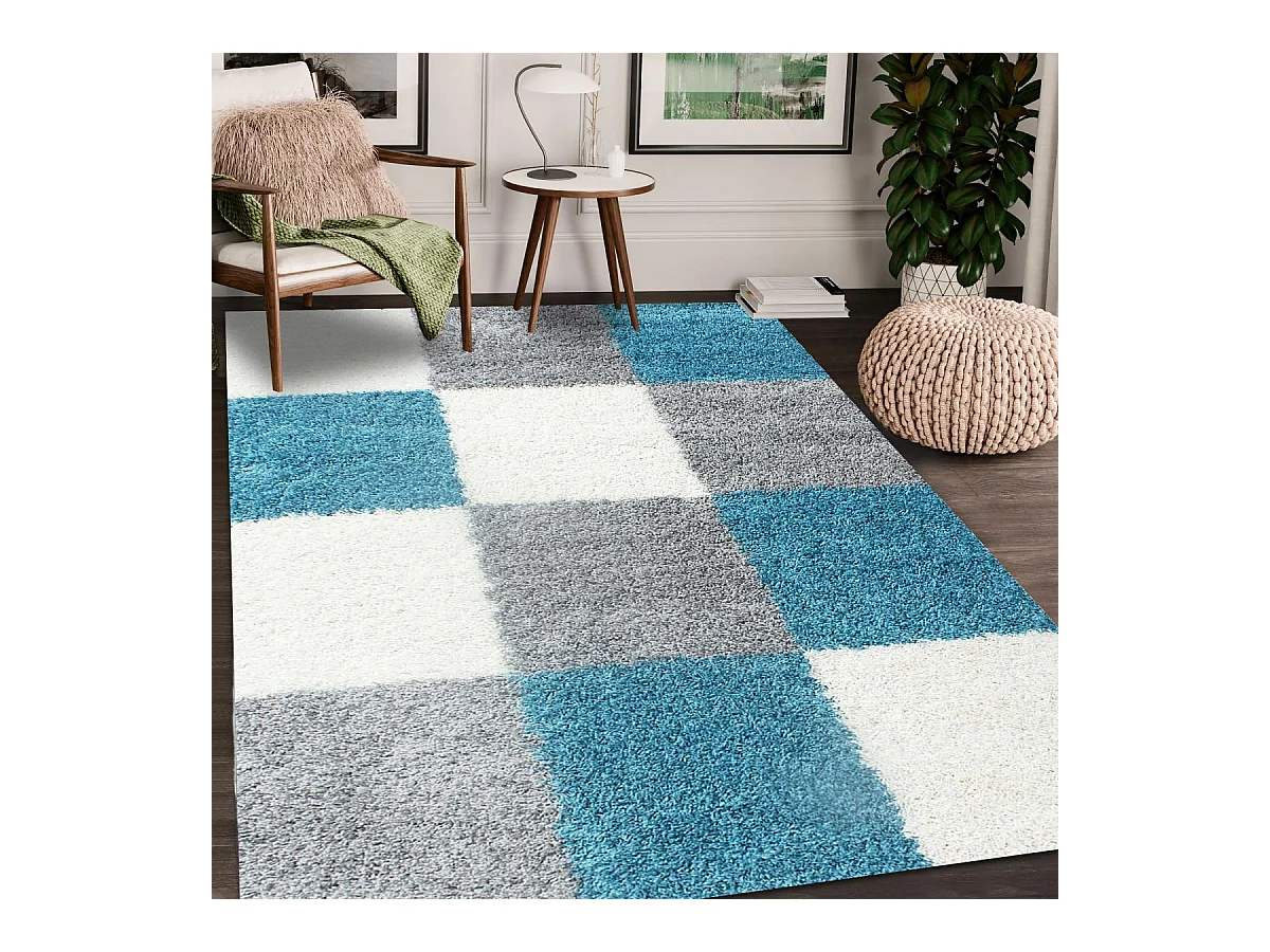 Tapis poils longs shaggy 200x290 rectangle tissé bleu ciel et gris