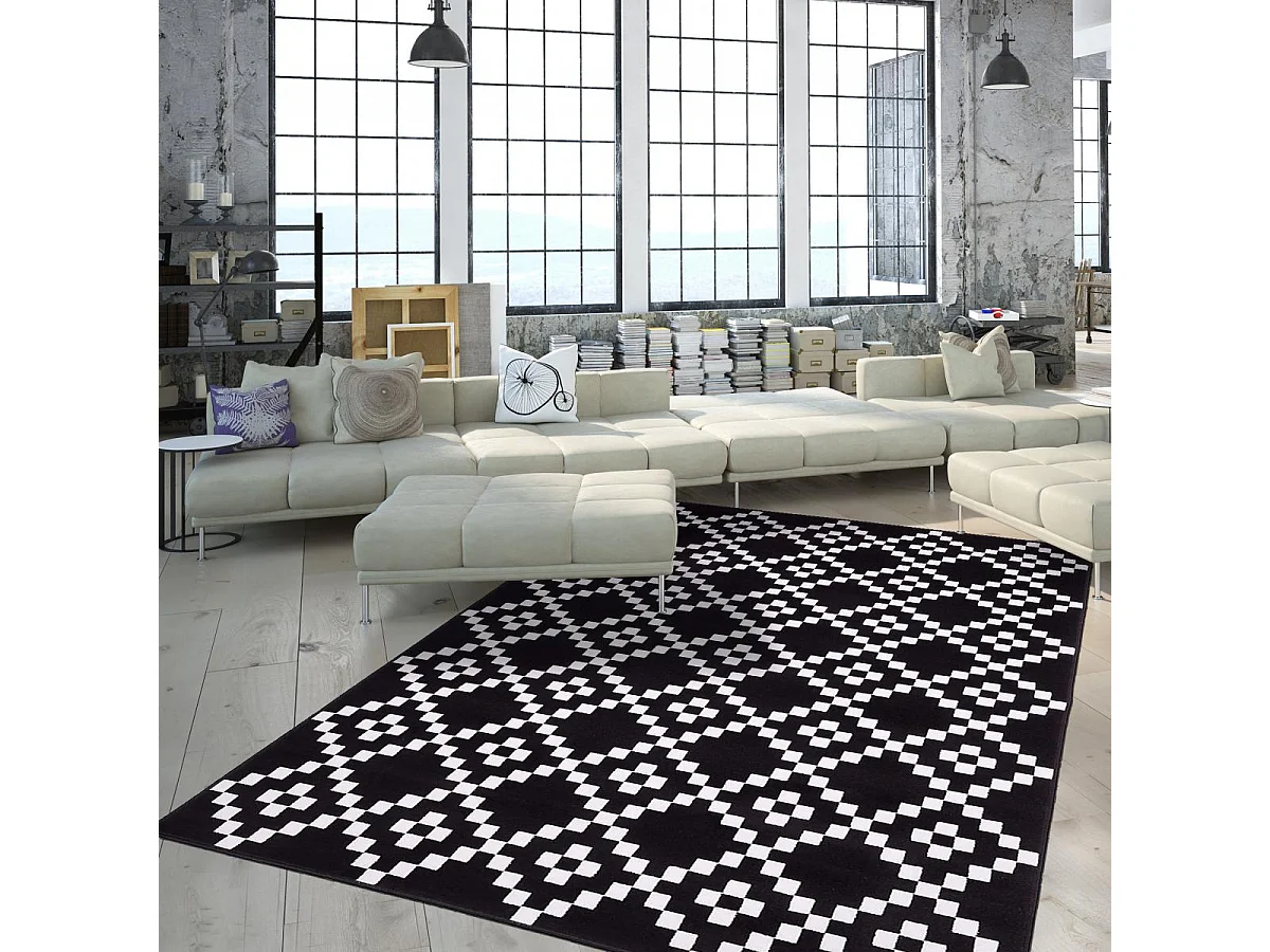 tapis chambre 80x150 tissé noir rectangle motif géométrique LYN1 LERUM