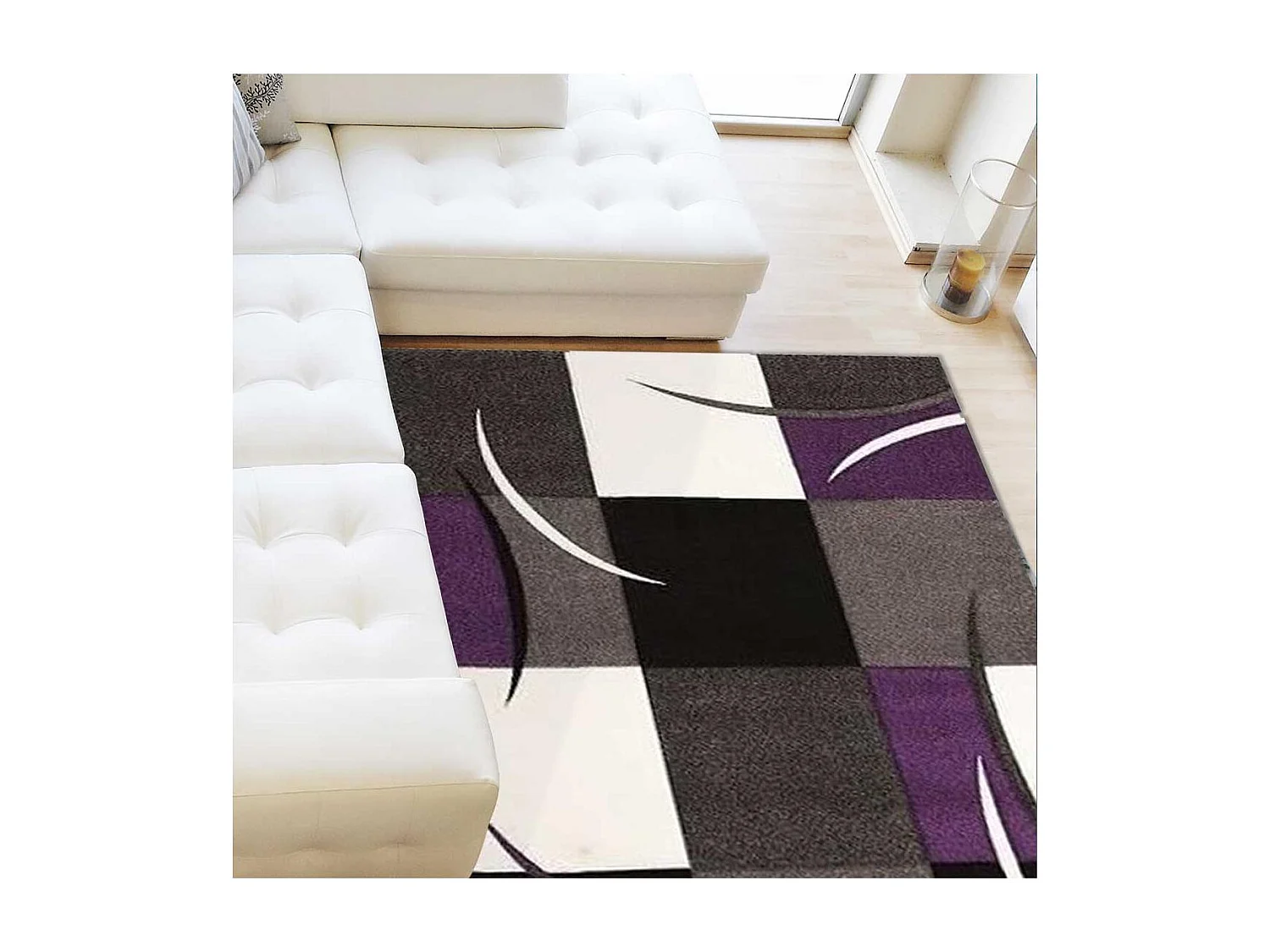 tapis salle à manger 200x290 tissé violet rectangle motif géométrique VIRGULADA