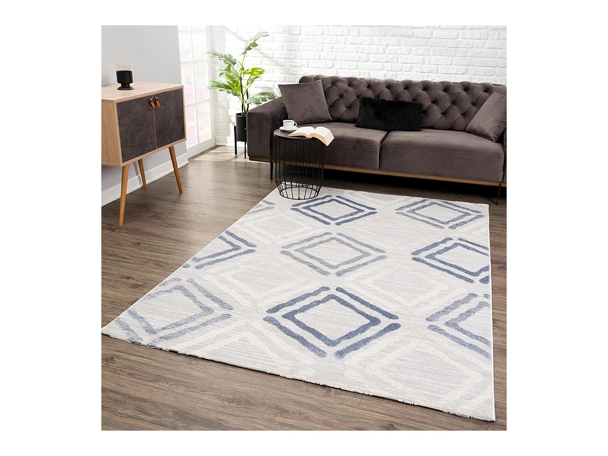 tapis entrée 80x150 tissé gris clair et bleu rectangle motif géométrique DOUCA