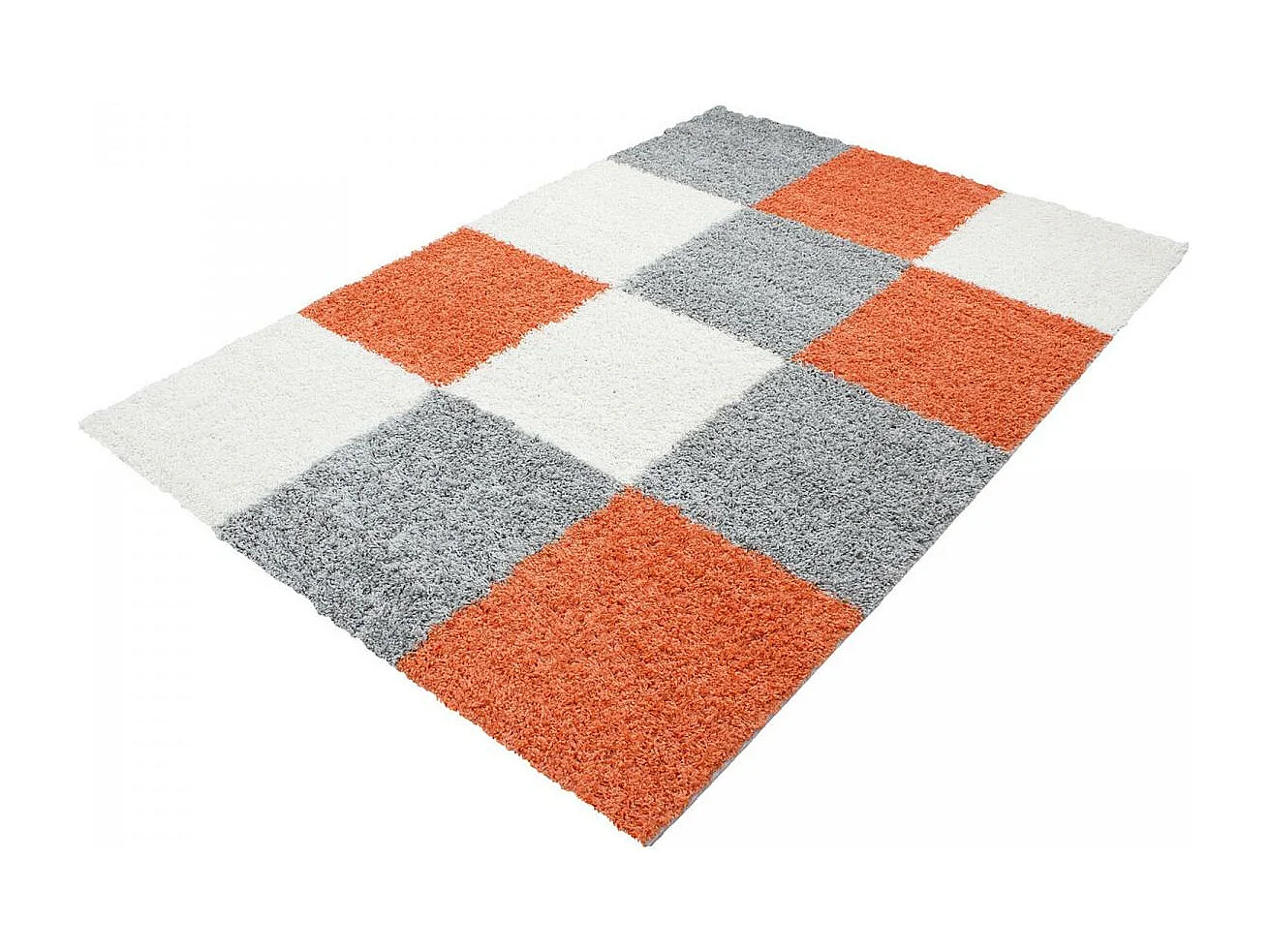 Tapis poils longs shaggy 200x290 rectangle tissé orange et gris motif damier