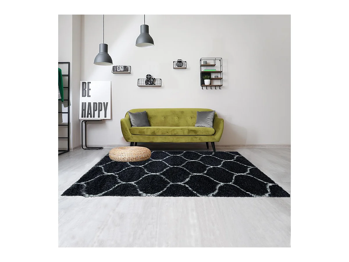 Tapis shaggy 120x170 rectangle tissé noir et blanc motif scandinave SCANDINAV A