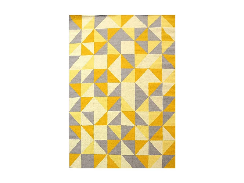 Tapis kilim 200x290 rectangle fait main en laine jaune motif géométrique