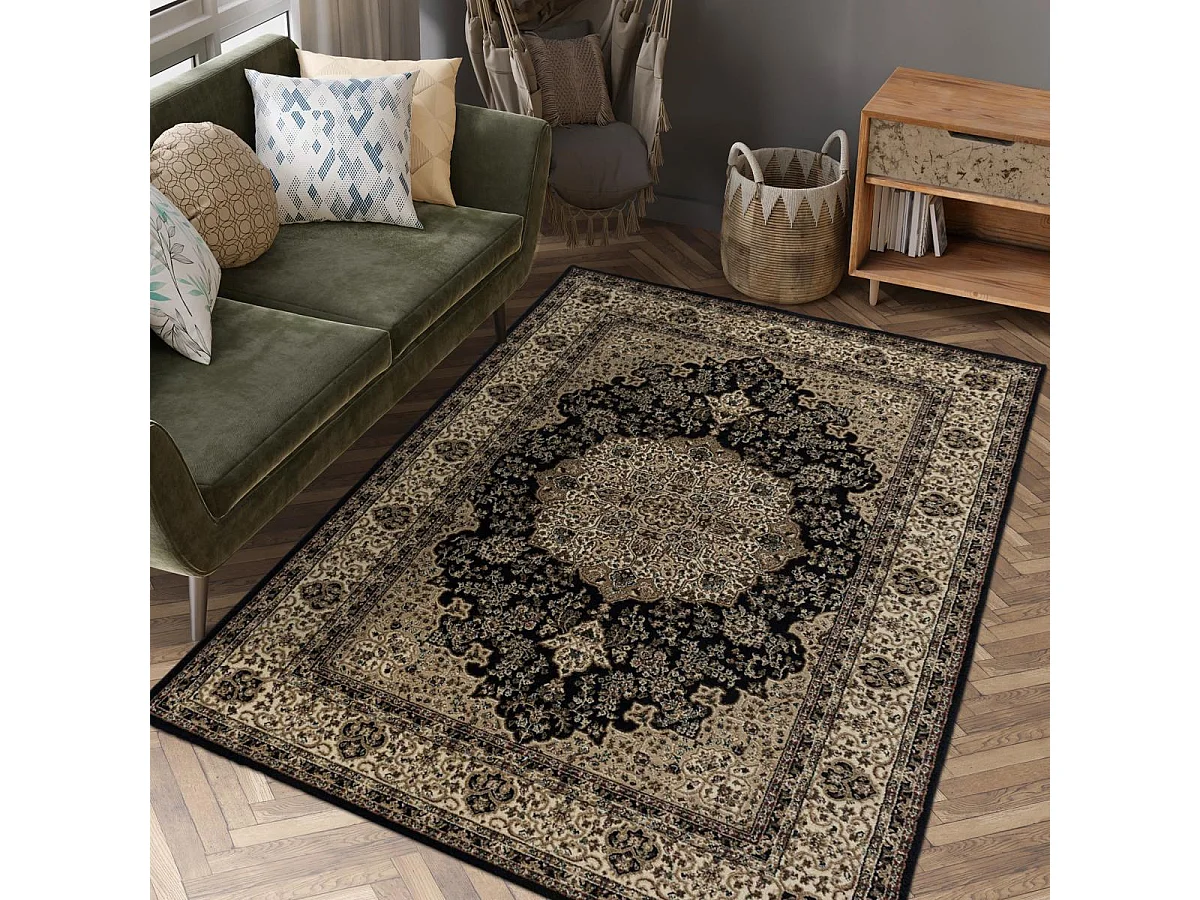 Tapis orient 80x150 rectangle noir et beige tissé motif classique TIBRICAM