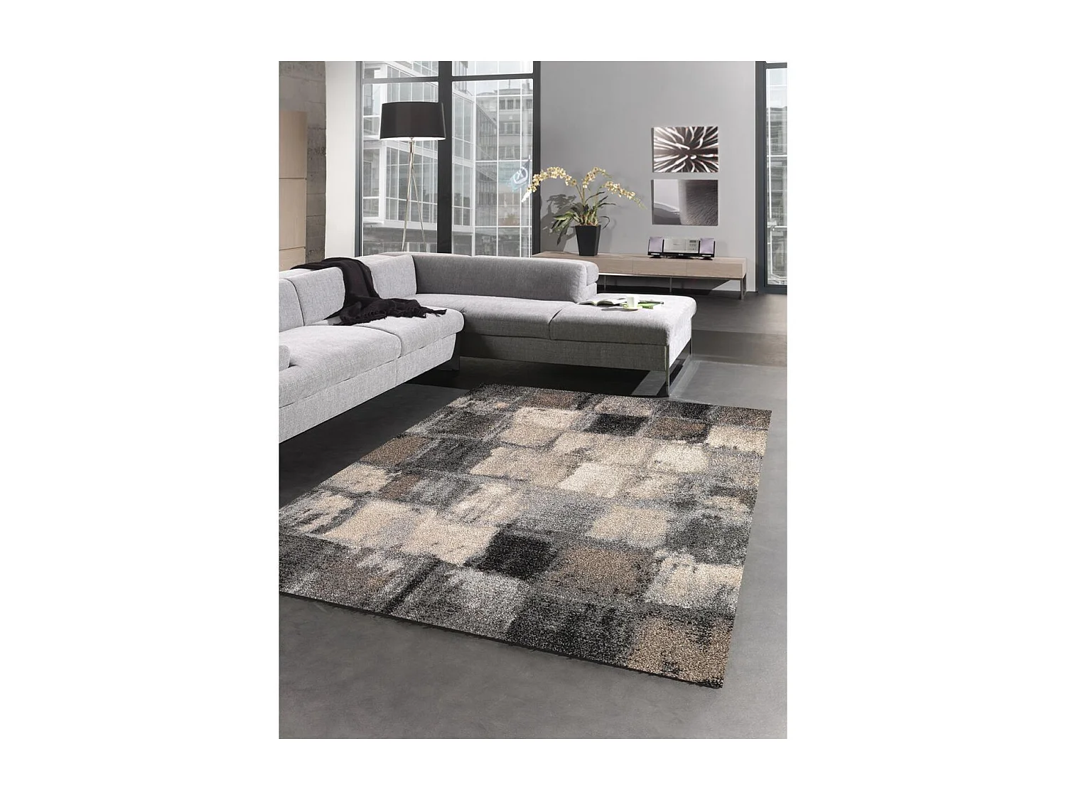 tapis salon 120x170 tissé gris rectangle motif géométrique CALEGANT