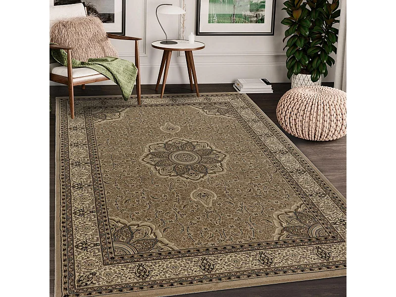 Tapis orient 300x400 rectangle beige et noir tissé motif traditionnel TIBRICA