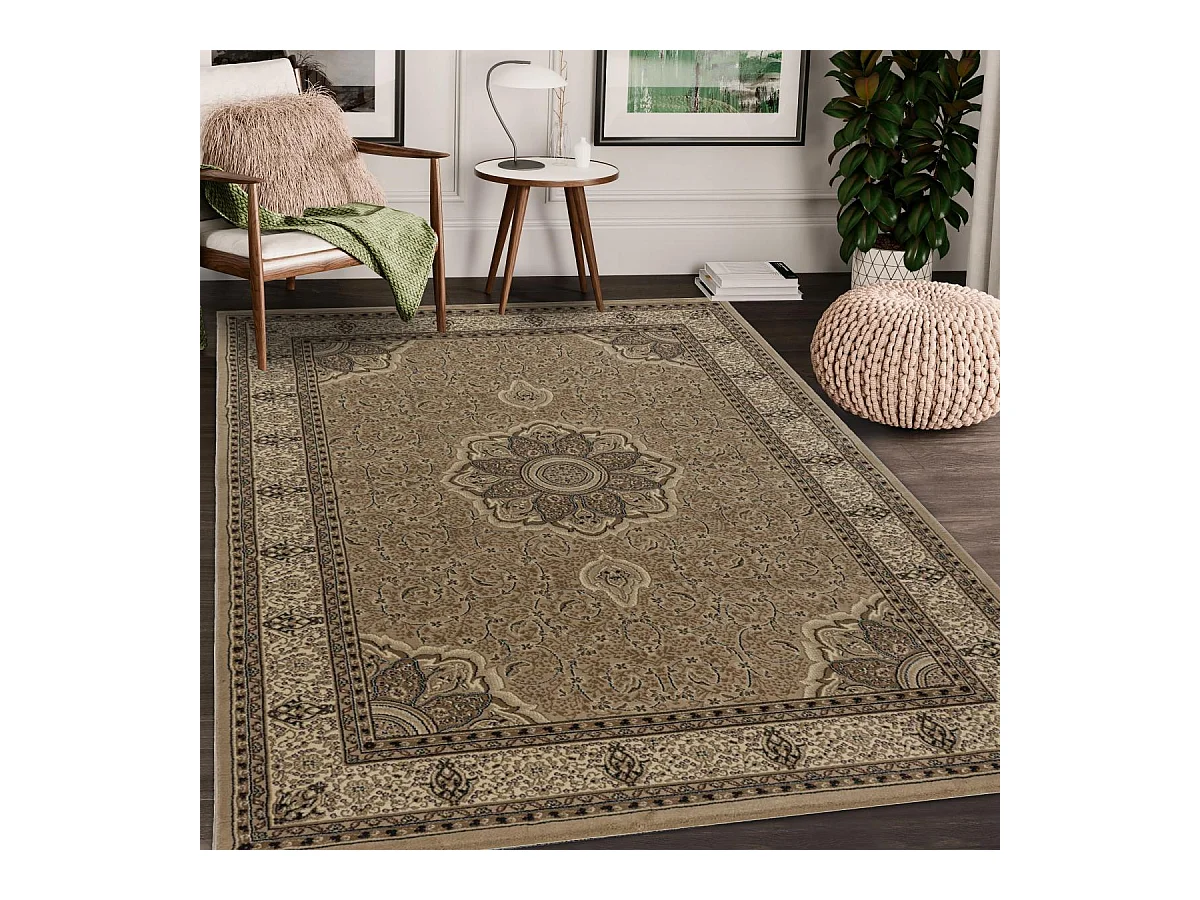 Tapis orient 300x400 rectangle beige et noir tissé motif traditionnel TIBRICA