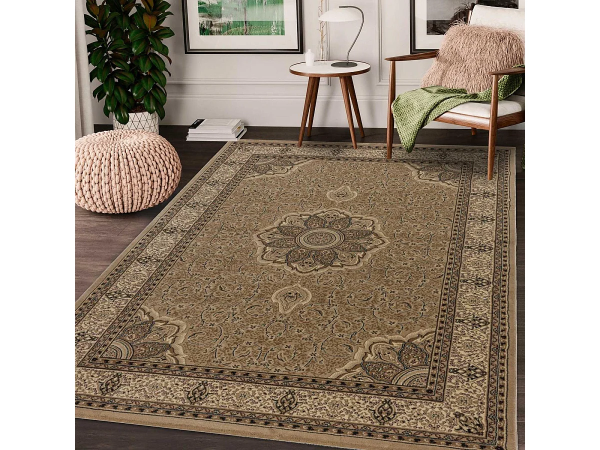 Tapis orient 300x400 rectangle beige et noir tissé motif traditionnel TIBRICA