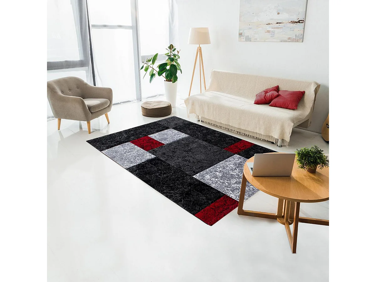 tapis chambre 120x170 tissé rouge et gris rectangle motif géométrique CARARELLE