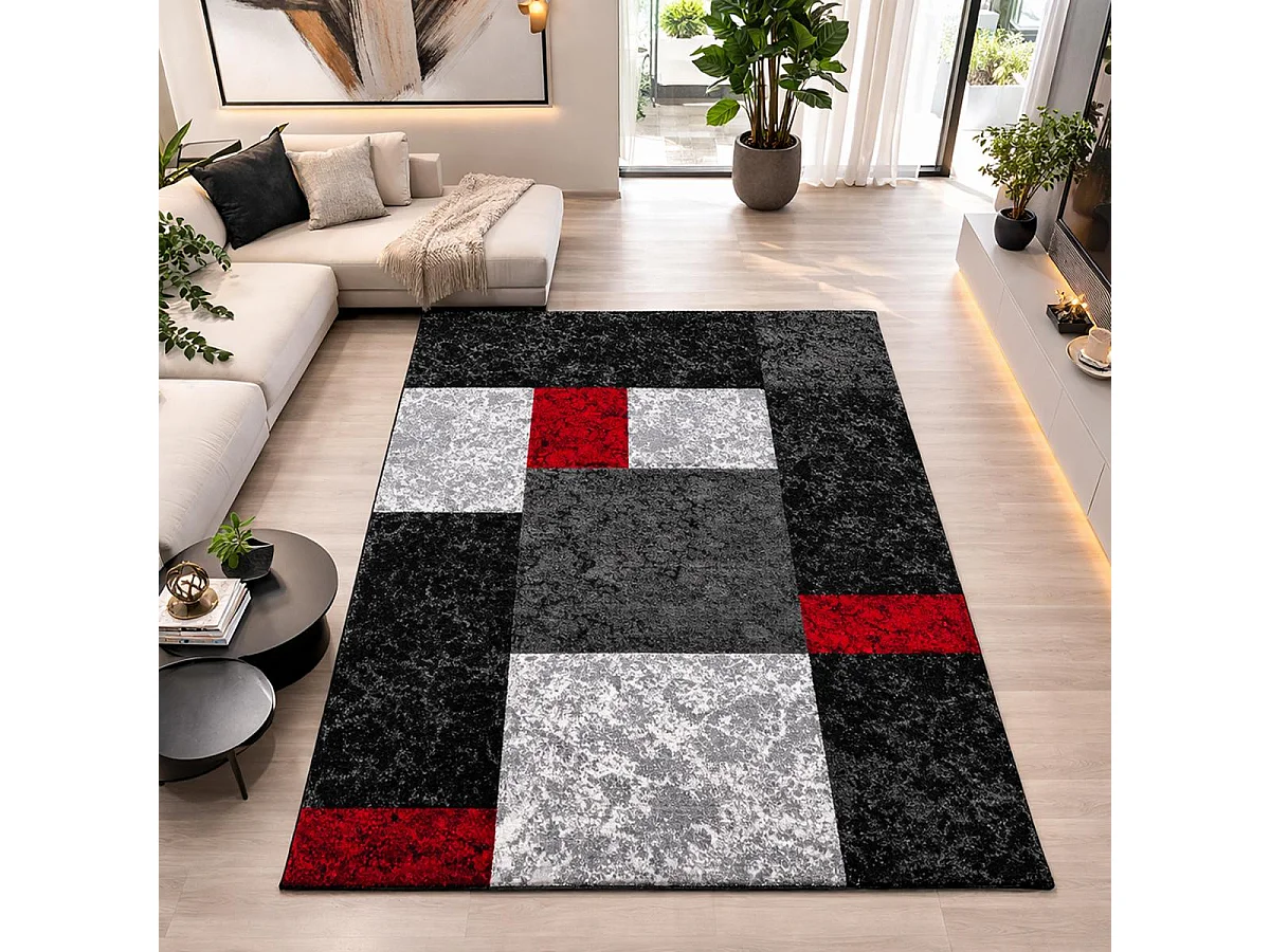 tapis chambre 120x170 tissé rouge et gris rectangle motif géométrique CARARELLE