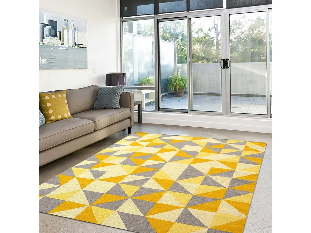 Tappeto Kilim 240x340 rettangolo realizzato a mano in lana gialla fantasia geometrica