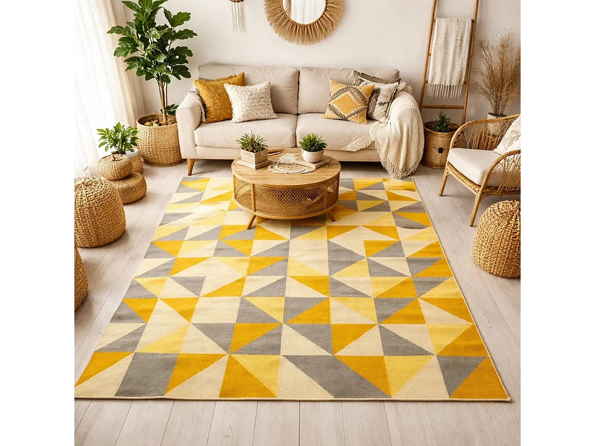 Tapis kilim 240x340 rectangle fait main en laine jaune motif géométrique