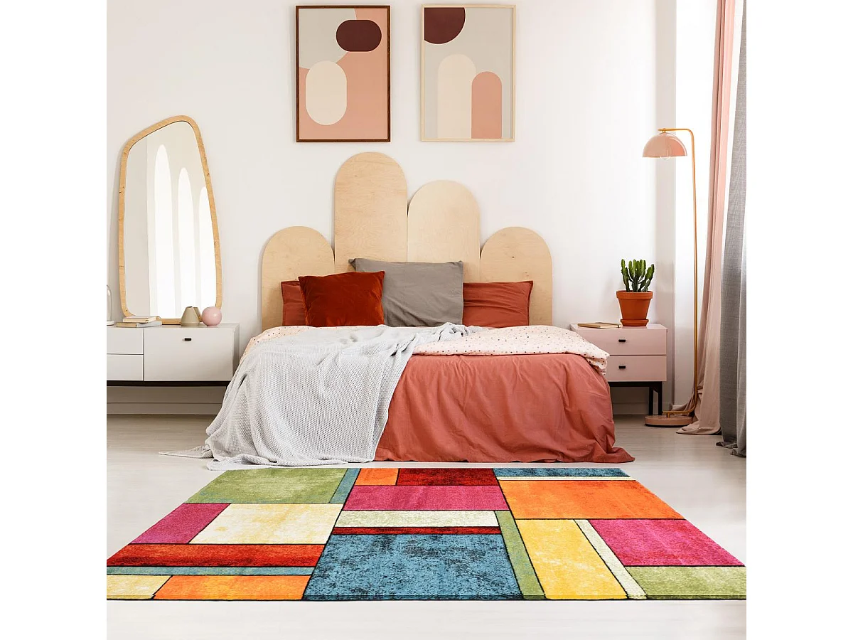 tapis salon 100x100 tissé multicolore carré motif géométrique LYN8 GEOME