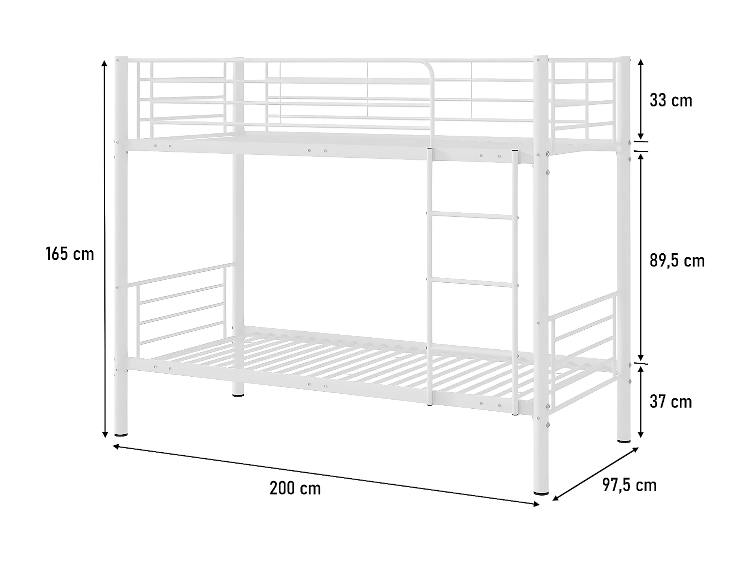 Stapelbed "ADAM" in wit metaal voor kinderen - 2 plaatsen 90x190cm