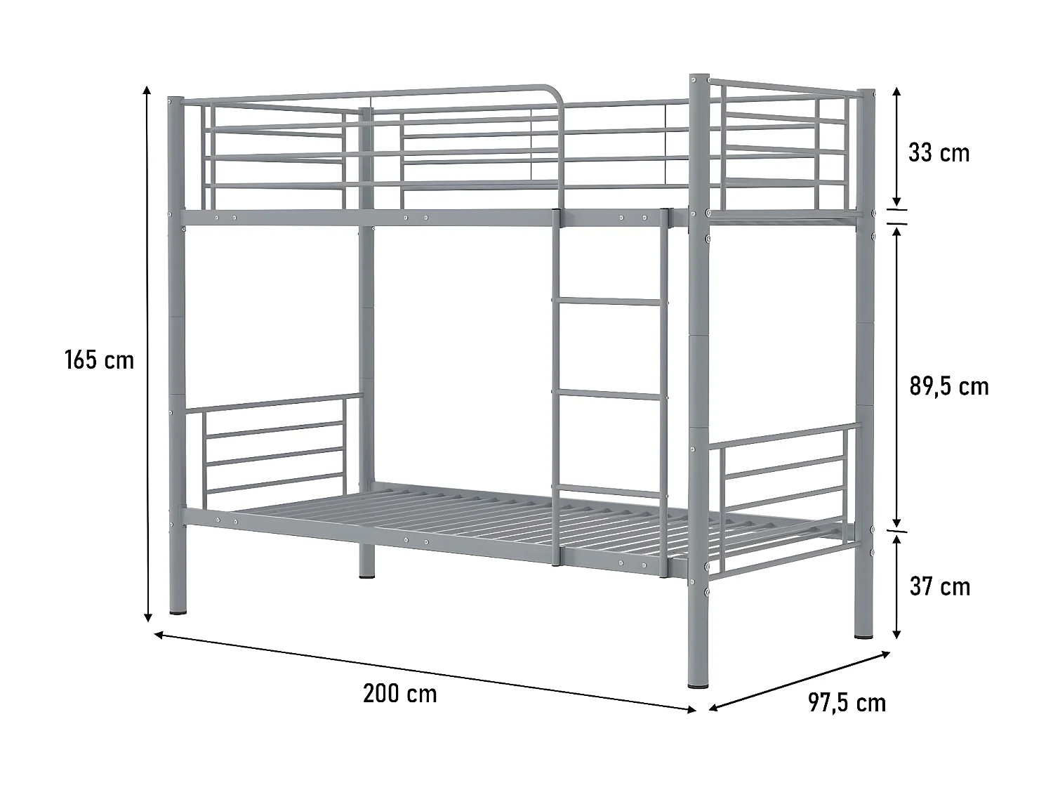 Lózko pietrowe "ADAM" - 90 x 190 cm - Metal - Szary