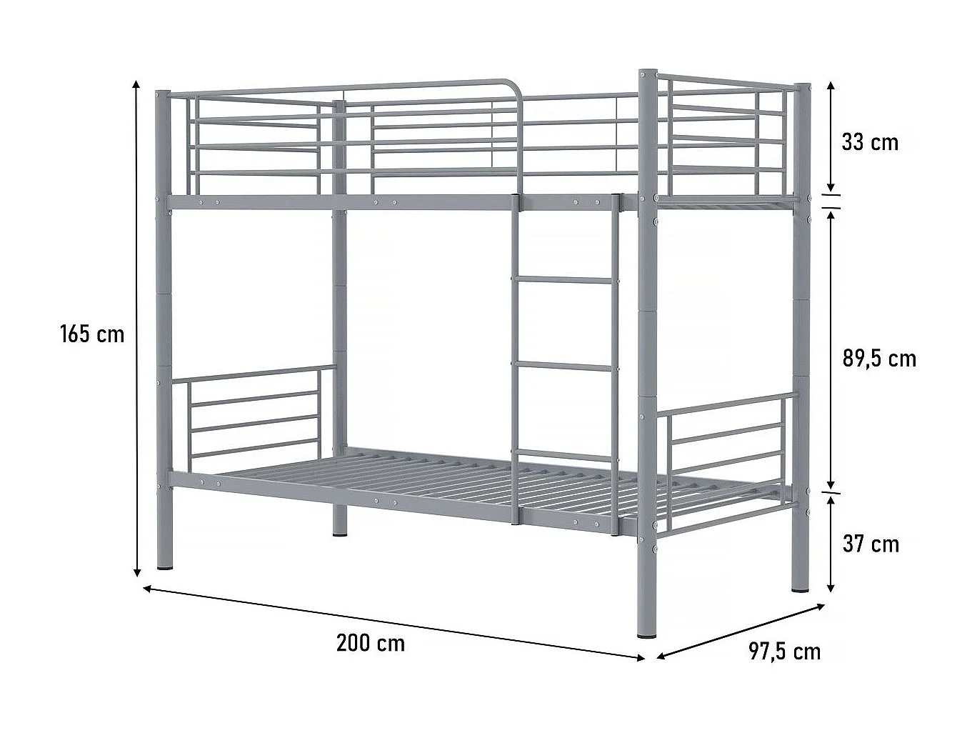 Lit superposé "ADAM" -  90 x 190 cm - Métal - Gris