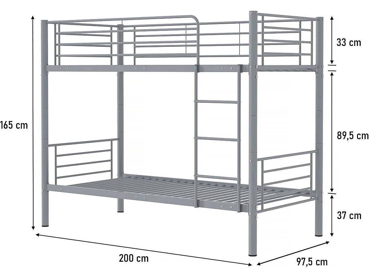 Litera <<Adam>> -  90 x 190 cm - Metal - Gris