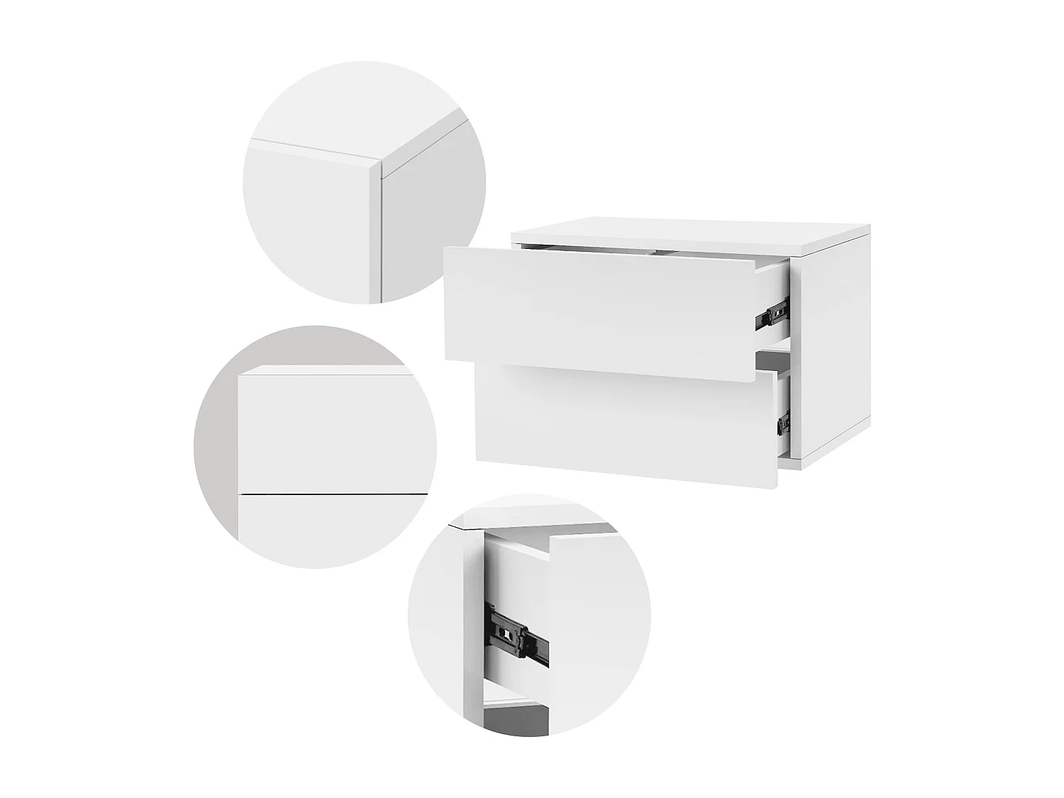 Comodino sospeso con 2 cassetti camera da letto 42x30x29 cm in MDF bianco opaco