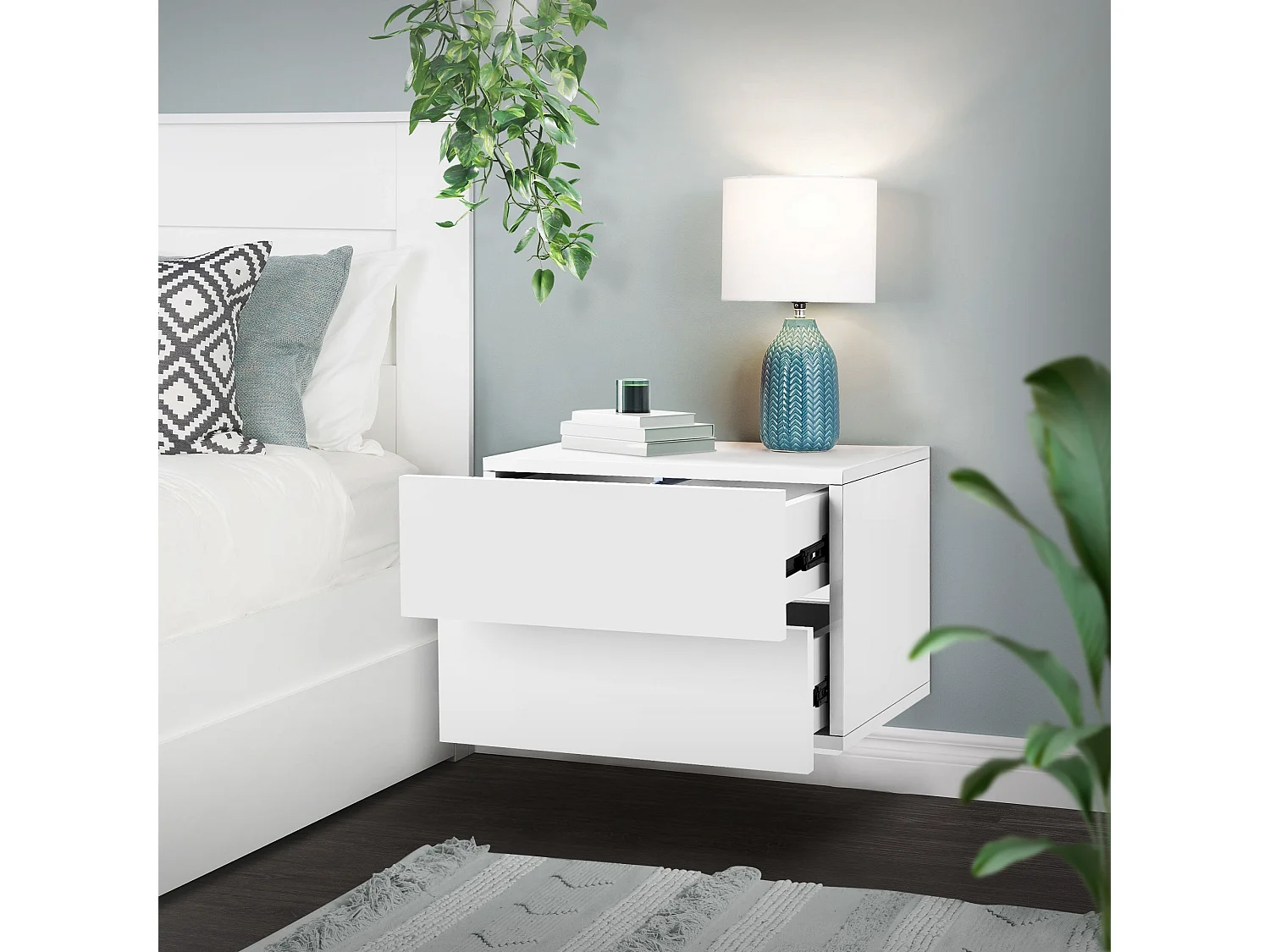 Comodino sospeso con 2 cassetti camera da letto 42x30x29 cm in MDF bianco opaco