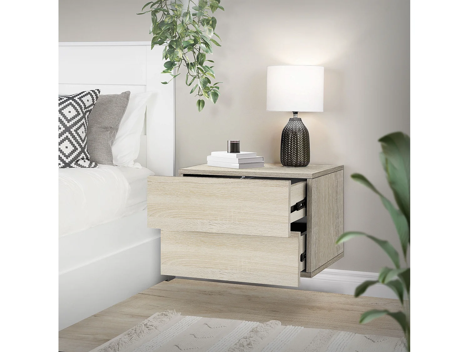 Table de nuit suspendue 2 tiroirs commode table chevet chêne sonoma 42x29x30 cm