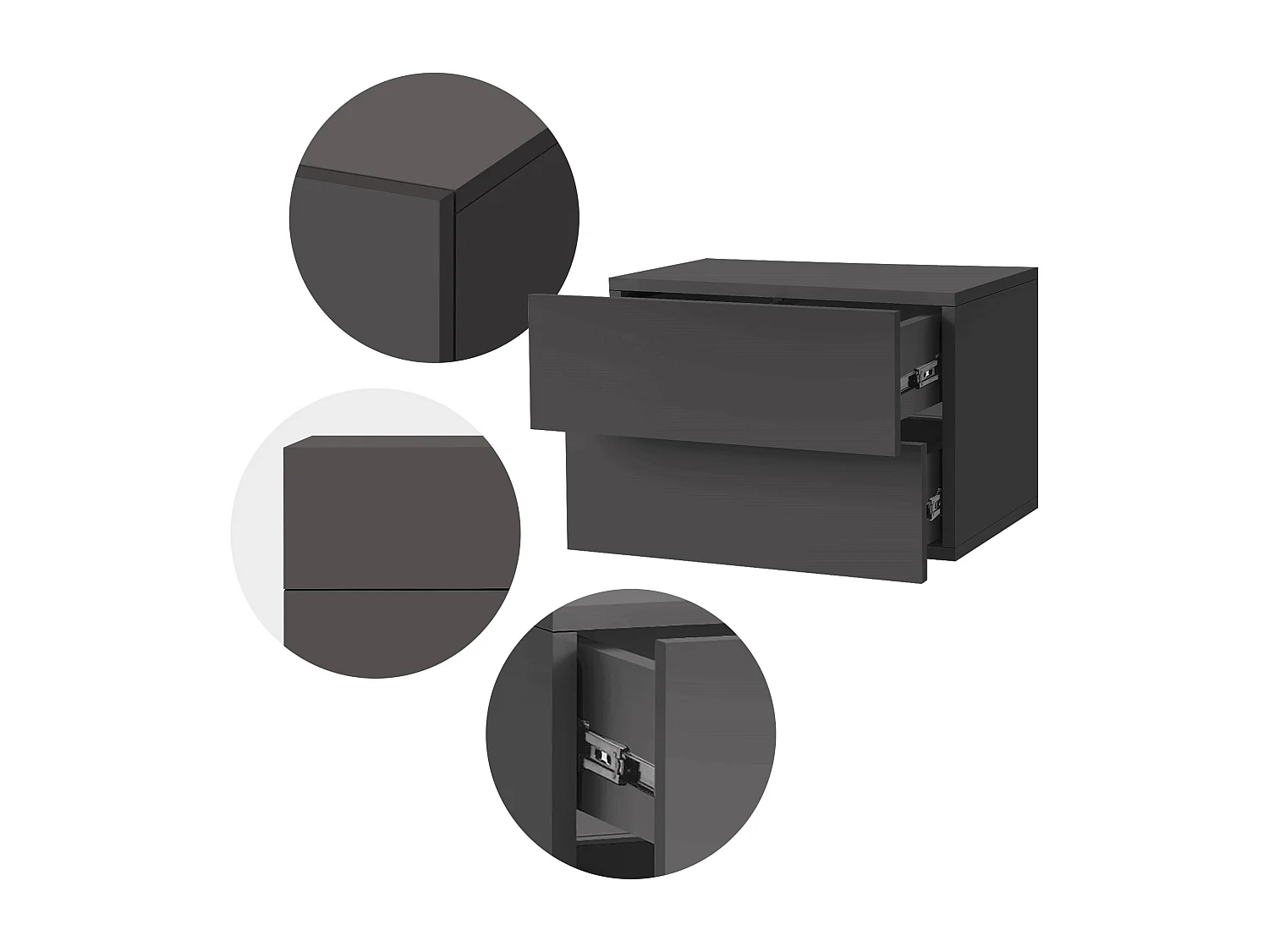 Comodino sospeso attacco a parete camera letto 2 cassetti grigio scuro 42x30 cm
