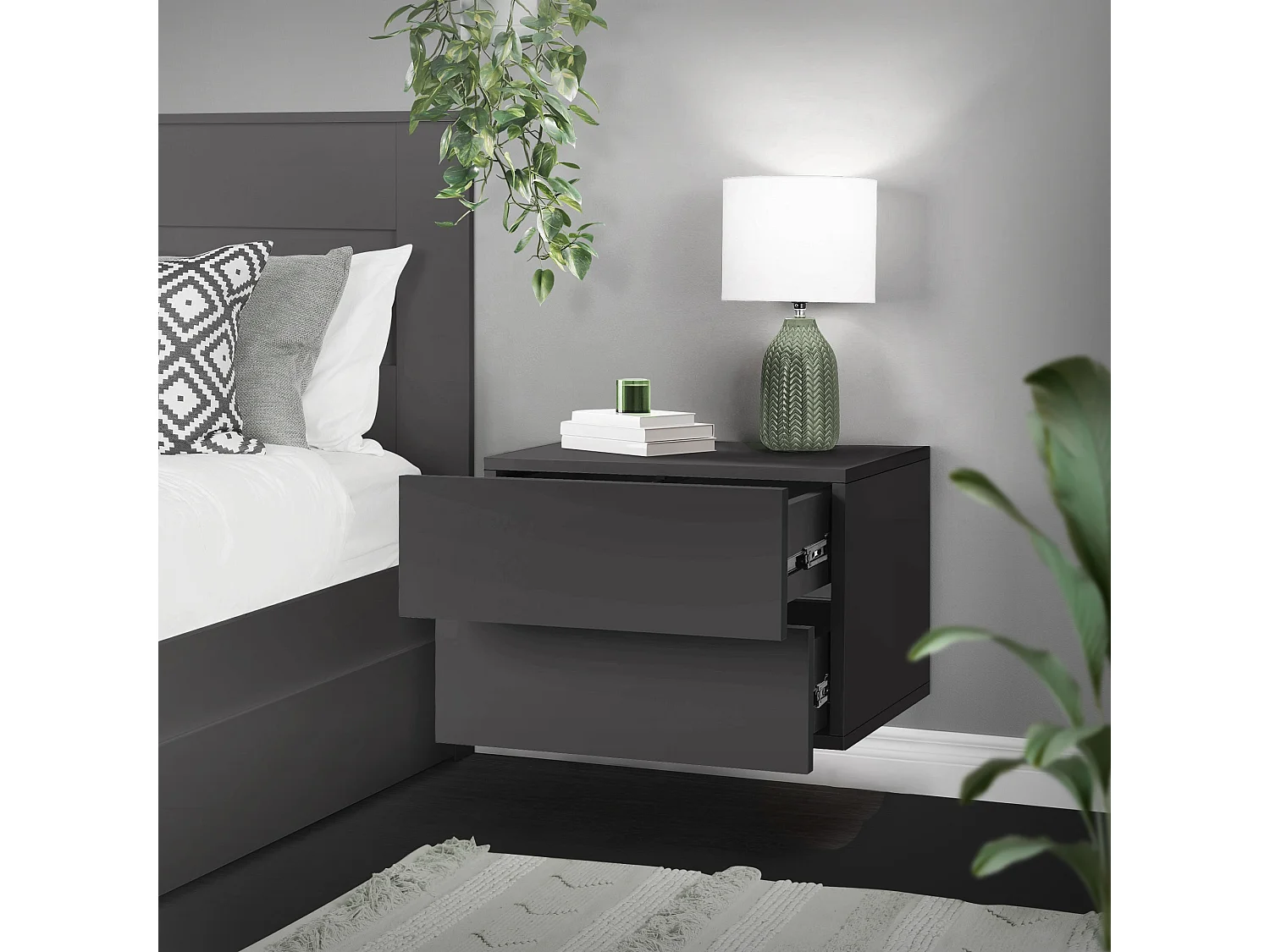 Comodino sospeso attacco a parete camera letto 2 cassetti grigio scuro 42x30 cm