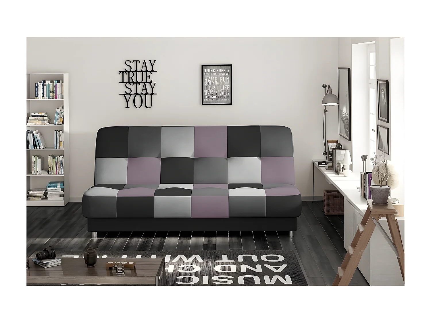 Canapé 3 places convertible - multicolore et mauve - en tissu de belle qualité, CAYENNE