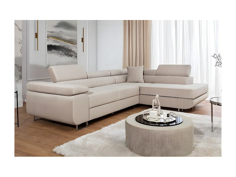 Canapé d'angle convertible en velours luxe 5 places, avec coffre, beige, angle droit (vu de face), ANNECY VELOURS