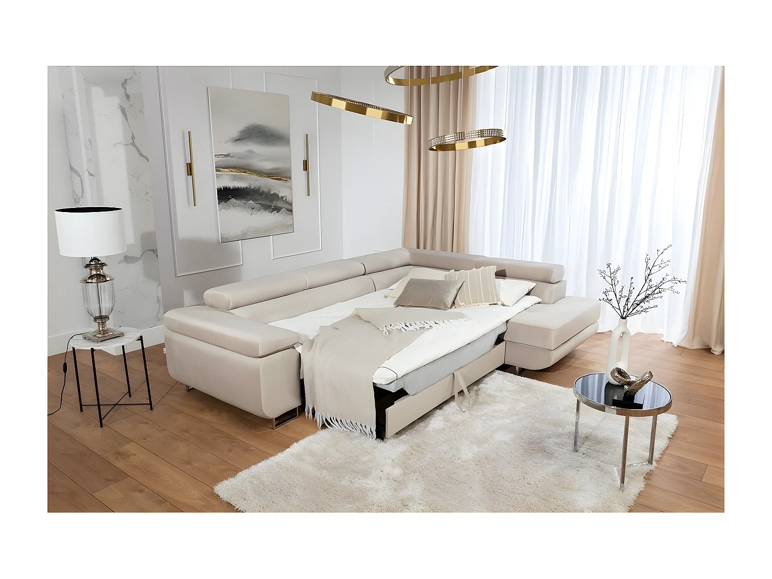 Canapé d'angle convertible en velours luxe 5 places, avec coffre, beige, angle droit (vu de face), ANNECY VELOURS